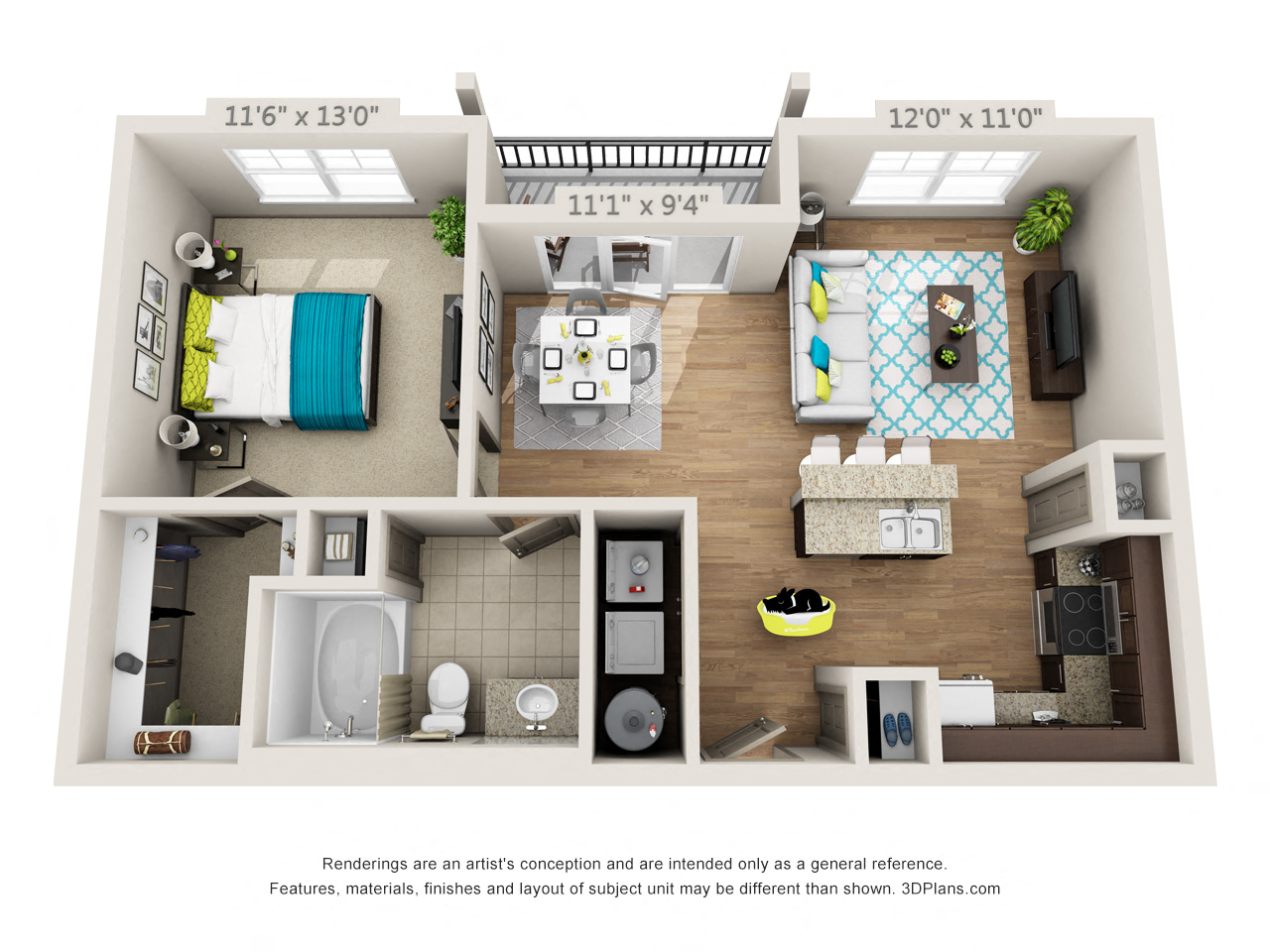 Floor plan for 1 bed, 1 bath, 811 sqft